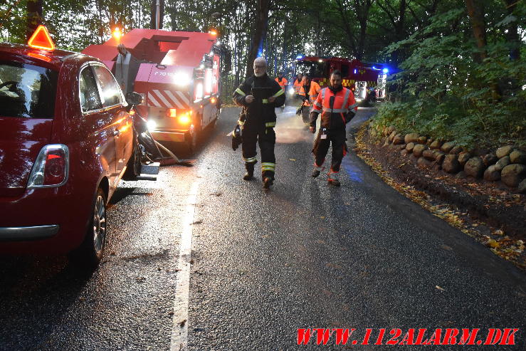 Lille Fiat skred ud og ramte et træ. Skibetvej i Skibet. 28/09-2024. Kl. 18:23.