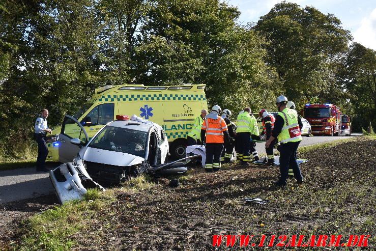 2 Biler ramte hinanden i et sving. Ollerupvej ved Bredsten. 30/09-2024. Kl. 14:23.